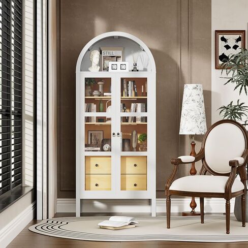 Modern Arched Cabinet with Auto Sensor Light and Glass Doors, 72" Tall Farmhouse Storage with Grain, Perfect for Living Room, Display Your Favorite Books, and Art Collections, White in Saudi Arabia