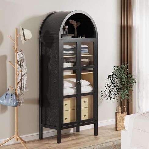Modern Arched Cabinet with Auto Sensor Light and Glass Doors, 72" Tall Farmhouse Storage with Grain, Perfect for Living Room, Display Your Favorite Books, and Art Collections, White in Saudi Arabia