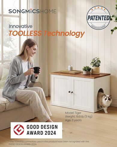 SONGMICS HOME Litter Box Enclosure, Superfast Toolless Assembly, Cat Litter Box Furniture, Push-to-Open Doors, Indoor Cat House, Rustic White and Honey Brown UPCL233WJ04S in Saudi Arabia