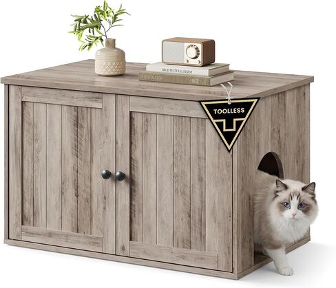 SONGMICS HOME Litter Box Enclosure, Superfast Toolless Assembly, Cat Litter Box Furniture, Push-to-Open Doors, Indoor Cat House, Rustic White and Honey Brown UPCL233WJ04S in Saudi Arabia
