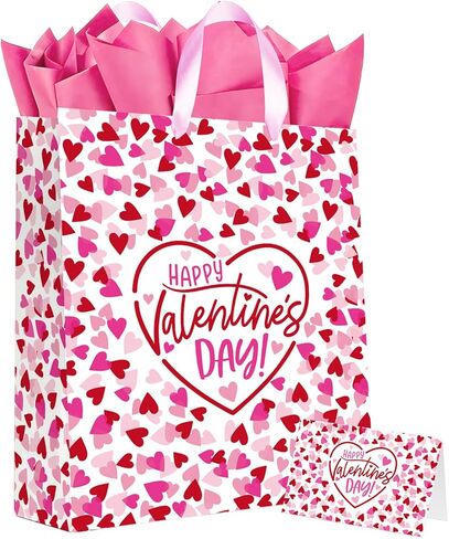 Happy Valentine's Day: 13" Love Heart Valentines Gift Bags Set with Tissue Paper & Card - Red Valentine Gift Bags for Kids & Adults, Ideal for Valentine's Day Wedding Anniversary Party Favors in Saudi Arabia