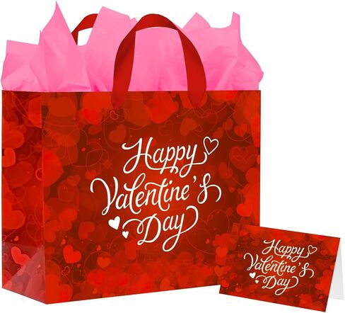 Happy Valentine's Day: 13" Love Heart Valentines Gift Bags Set with Tissue Paper & Card - Red Valentine Gift Bags for Kids & Adults, Ideal for Valentine's Day Wedding Anniversary Party Favors in Saudi Arabia