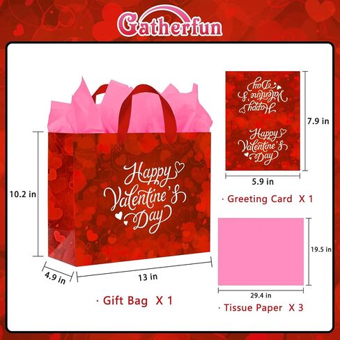 Happy Valentine's Day: 13" Love Heart Valentines Gift Bags Set with Tissue Paper & Card - Red Valentine Gift Bags for Kids & Adults, Ideal for Valentine's Day Wedding Anniversary Party Favors in Saudi Arabia