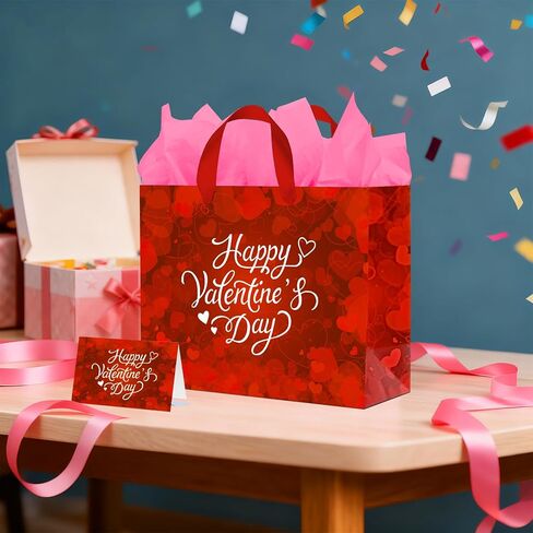 Happy Valentine's Day: 13" Love Heart Valentines Gift Bags Set with Tissue Paper & Card - Red Valentine Gift Bags for Kids & Adults, Ideal for Valentine's Day Wedding Anniversary Party Favors in Saudi Arabia