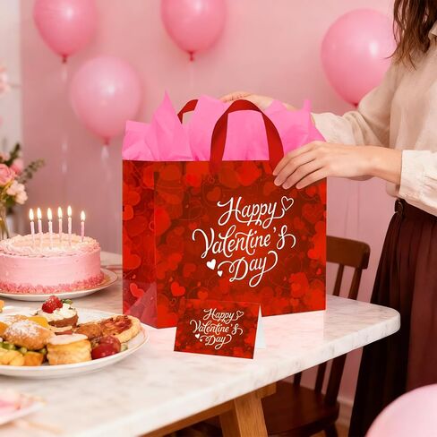 Happy Valentine's Day: 13" Love Heart Valentines Gift Bags Set with Tissue Paper & Card - Red Valentine Gift Bags for Kids & Adults, Ideal for Valentine's Day Wedding Anniversary Party Favors in Saudi Arabia