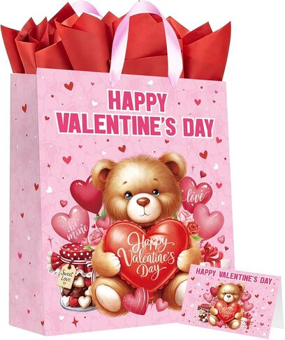 Happy Valentine's Day: 13" Love Heart Valentines Gift Bags Set with Tissue Paper & Card - Red Valentine Gift Bags for Kids & Adults, Ideal for Valentine's Day Wedding Anniversary Party Favors in Saudi Arabia
