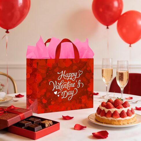 Happy Valentine's Day: 13" Love Heart Valentines Gift Bags Set with Tissue Paper & Card - Red Valentine Gift Bags for Kids & Adults, Ideal for Valentine's Day Wedding Anniversary Party Favors in Saudi Arabia