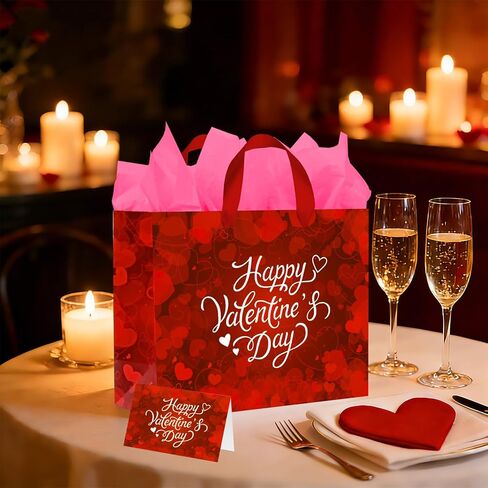 Happy Valentine's Day: 13" Love Heart Valentines Gift Bags Set with Tissue Paper & Card - Red Valentine Gift Bags for Kids & Adults, Ideal for Valentine's Day Wedding Anniversary Party Favors in Saudi Arabia
