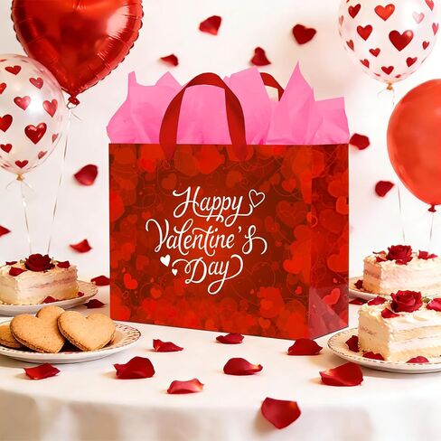 Happy Valentine's Day: 13" Love Heart Valentines Gift Bags Set with Tissue Paper & Card - Red Valentine Gift Bags for Kids & Adults, Ideal for Valentine's Day Wedding Anniversary Party Favors in Saudi Arabia