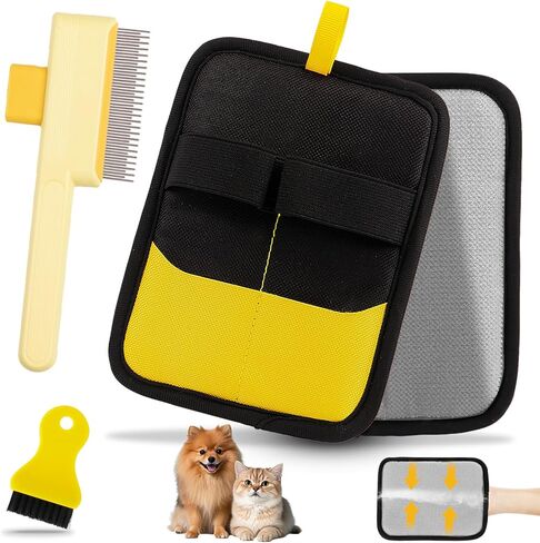 Electrostatic Pet Hair Removal Glove - Reusable Pet Hair Removal Glove with Cleaning Brush & Flea Comb for Cats & Dogs, Washable for Clothing, Couch, Carpet, Car Seat (Black/Yellow) in Kuwait