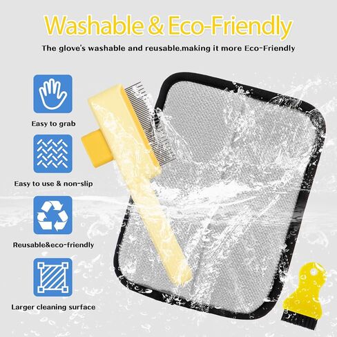 Electrostatic Pet Hair Removal Glove - Reusable Pet Hair Removal Glove with Cleaning Brush & Flea Comb for Cats & Dogs, Washable for Clothing, Couch, Carpet, Car Seat (Black/Yellow) in Kuwait