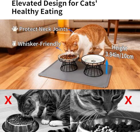 مجموعة أوعية طعام القطط الخزفية المرتفعة مع حصيرة سيليكون، تتضمن وعاءين من السيراميك وحاملين للأطباق لحماية الرقبة والشعيرات، تصميم مانع للتسرب، آمن للاستخدام في غسالة الأطباق ومناسب للقطط والجراء in Kuwait