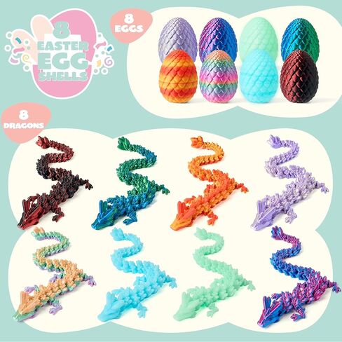 JOYIN 8 Pcs 3D Printed Dragon Eggs with Colorful Dragon, Articulated Magic Toys, Easter Basket Stuffers for Kids Party Favors, Goodie Bag Fillers, Easter Egg Hunt, Classroom Prize Supplies Gifts in Saudi Arabia