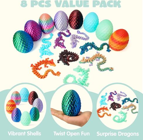 JOYIN 8 Pcs 3D Printed Dragon Eggs with Colorful Dragon, Articulated Magic Toys, Easter Basket Stuffers for Kids Party Favors, Goodie Bag Fillers, Easter Egg Hunt, Classroom Prize Supplies Gifts in Saudi Arabia