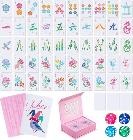 Soulchen 168 Pcs Mahjong Playing Cards American Style Blossom Numbered Tiles Large Print PVC Poker Mahjong Tiles with 4 Dices 2 Storage Box for Travel Home Table, Portable Gift for Adults Beginners in Saudi Arabia