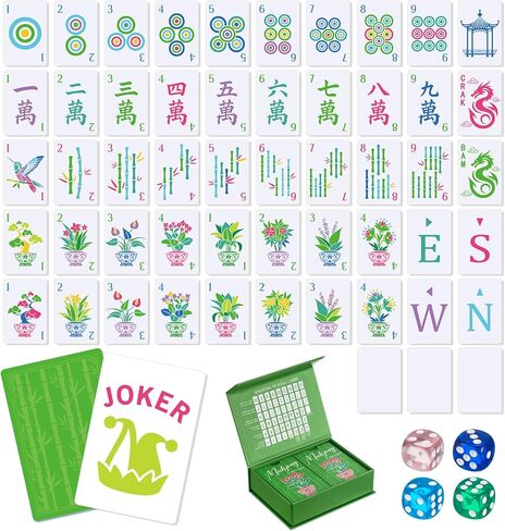Soulchen 168 Pcs Mahjong Playing Cards American Style Blossom Numbered Tiles Large Print PVC Poker Mahjong Tiles with 4 Dices 2 Storage Box for Travel Home Table, Portable Gift for Adults Beginners in Saudi Arabia