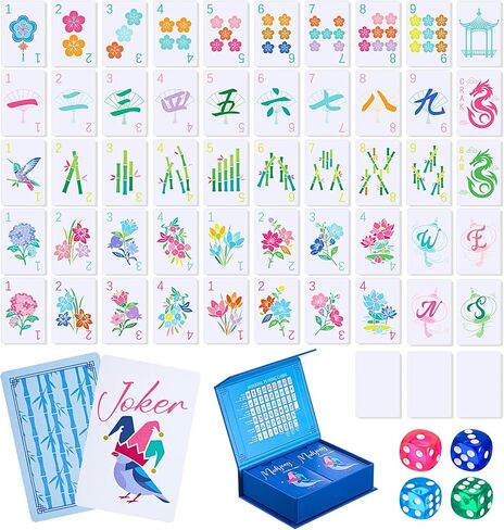 Soulchen 168 Pcs Mahjong Playing Cards American Style Blossom Numbered Tiles Large Print PVC Poker Mahjong Tiles with 4 Dices 2 Storage Box for Travel Home Table, Portable Gift for Adults Beginners in Saudi Arabia