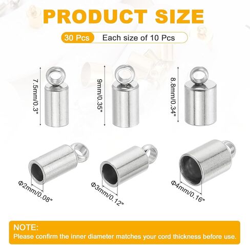 MECCANIXITY Stainless Steel Cord End Caps 2/3/4mm ID, Barrel End Tips Terminators Cord Finding for DIY Jewelry Making Necklace Bracelets Tassels Supplies, 30 Pack, Silver Tone in Saudi Arabia