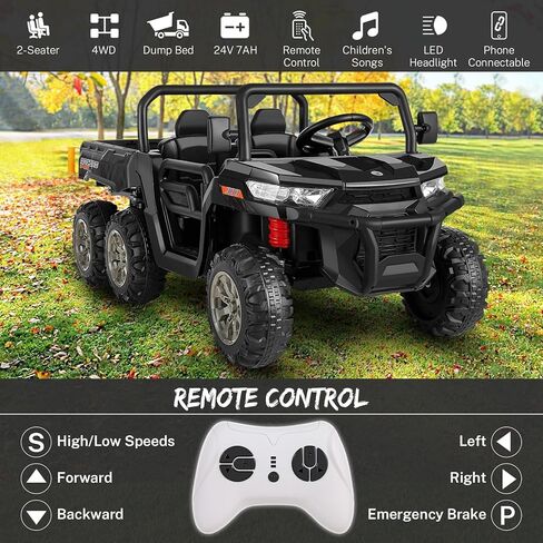 Hikole 2 Seater Ride on Car with Remote, 24V Kids Electric Cars w/Dump Bed, 6 Suspension, 4WD, 3 Speeds, Music, Storage Trunk-6x6 Ride On UTV Truck for Big Kids Boys Girls Age 3-8, Black in Saudi Arabia