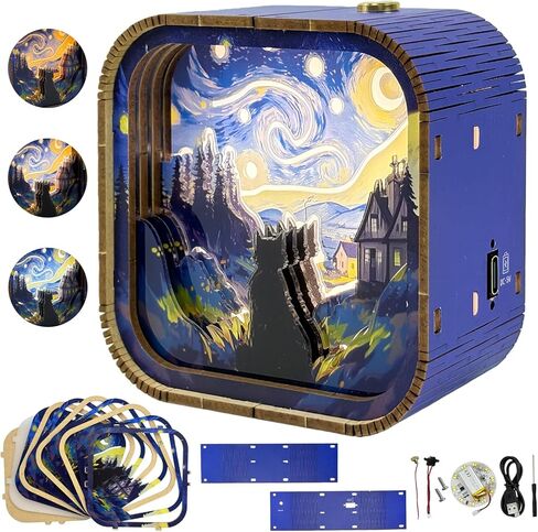 3D Wooden Puzzle Night Light DIY LED Art Lamp Kit for Adults Desk Decor Relaxing Craft Project Table Ornament and Unique Gift (Starry Cat) in Saudi Arabia
