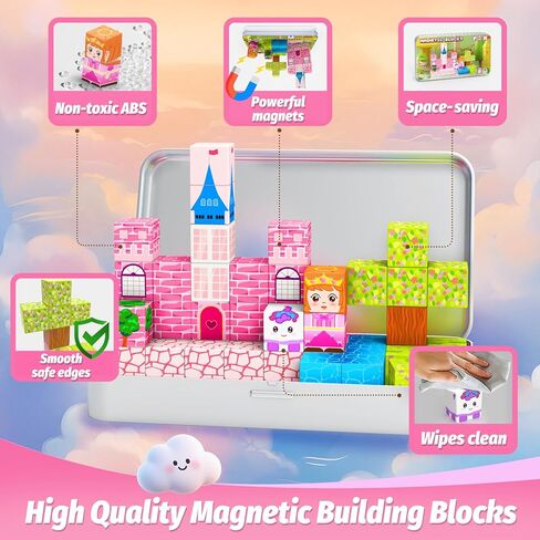 مكعبات مغناطيسية صغيرة، 45 قطعة مكعبات بناء مغناطيسية للسفر مع علبة حديدية، مغناطيسات للأميرة للفتيات من سن 4 إلى 8 سنوات، ألعاب بناء مونتيسوري الحسية للأطفال، هدايا عيد الميلاد. in Kuwait