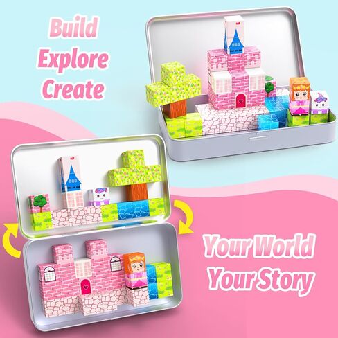 مكعبات مغناطيسية صغيرة، 45 قطعة مكعبات بناء مغناطيسية للسفر مع علبة حديدية، مغناطيسات للأميرة للفتيات من سن 4 إلى 8 سنوات، ألعاب بناء مونتيسوري الحسية للأطفال، هدايا عيد الميلاد. in Kuwait