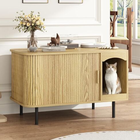 Cat Litter Box Enclosure Furniture, Fluted Hidden Litter Box Furniture with Scratching Pad, Large Wood Cat House Indoor Modern Cabinet Side End Table for Living Room, Entryway, Black in Saudi Arabia