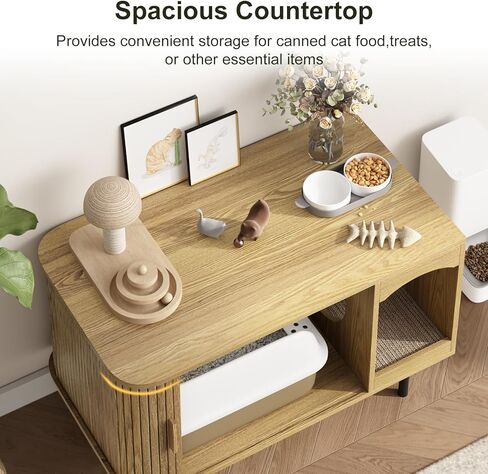 Cat Litter Box Enclosure Furniture, Fluted Hidden Litter Box Furniture with Scratching Pad, Large Wood Cat House Indoor Modern Cabinet Side End Table for Living Room, Entryway, Black in Saudi Arabia