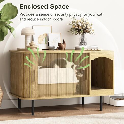 Cat Litter Box Enclosure Furniture, Fluted Hidden Litter Box Furniture with Scratching Pad, Large Wood Cat House Indoor Modern Cabinet Side End Table for Living Room, Entryway, Black in Saudi Arabia