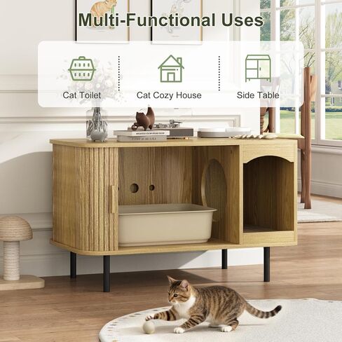 Cat Litter Box Enclosure Furniture, Fluted Hidden Litter Box Furniture with Scratching Pad, Large Wood Cat House Indoor Modern Cabinet Side End Table for Living Room, Entryway, Black in Saudi Arabia