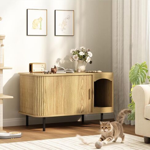 Cat Litter Box Enclosure Furniture, Fluted Hidden Litter Box Furniture with Scratching Pad, Large Wood Cat House Indoor Modern Cabinet Side End Table for Living Room, Entryway, Black in Saudi Arabia