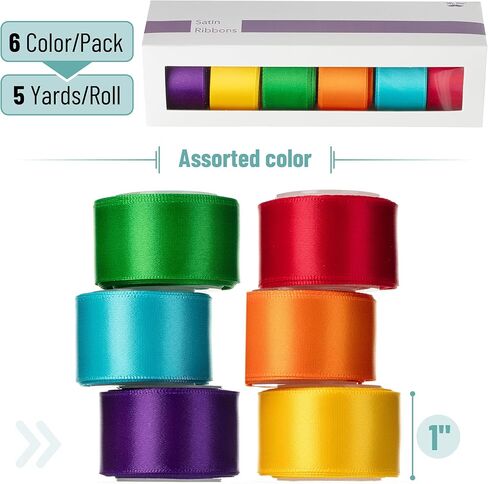 مستر بن - شريط من الساتان، 6 بكرات، 1 بوصة، 5 ياردات/لفة، شريط قوس قزح نابض بالحياة 1 بوصة in Kuwait
