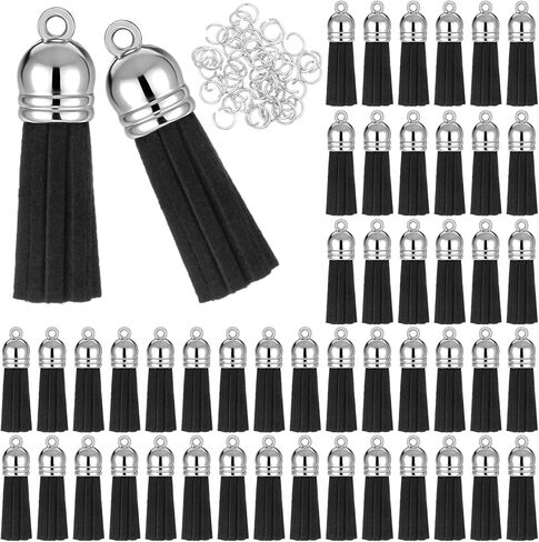 50Pcs Black Small Tassels for Jewelry Making 1.5" Mini Tassels for Keychain Making Small Leather Key Chain Tassel Charms for Crafts Earings, 50Pcs Silver Jump Rings in Saudi Arabia