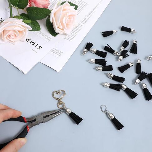 50Pcs Black Small Tassels for Jewelry Making 1.5" Mini Tassels for Keychain Making Small Leather Key Chain Tassel Charms for Crafts Earings, 50Pcs Silver Jump Rings in Saudi Arabia