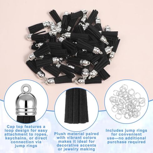 50Pcs Black Small Tassels for Jewelry Making 1.5" Mini Tassels for Keychain Making Small Leather Key Chain Tassel Charms for Crafts Earings, 50Pcs Silver Jump Rings in Saudi Arabia