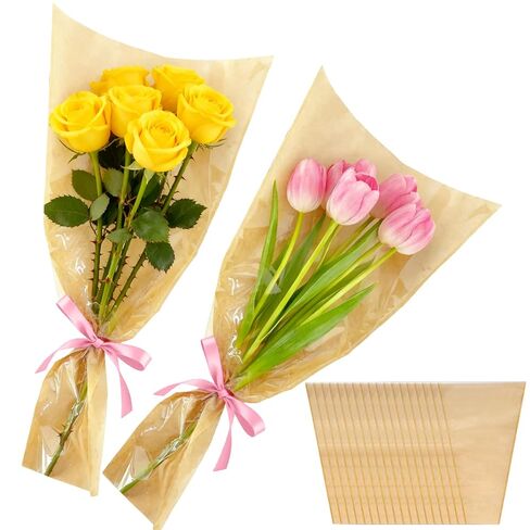 50PCS Flower Bouquet Bags, Bouquet Wrapping Paper Flower Bar Supplies with Ribbon, Brown Floral Sleeves Floral Bags for Teacher Graduation Wedding Birthday Gift (9.8x3.9x17.7 Inches) in Saudi Arabia