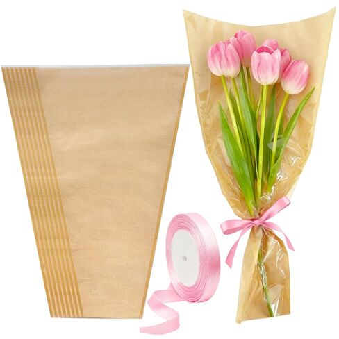 50PCS Flower Bouquet Bags, Bouquet Wrapping Paper Flower Bar Supplies with Ribbon, Brown Floral Sleeves Floral Bags for Teacher Graduation Wedding Birthday Gift (9.8x3.9x17.7 Inches) in Saudi Arabia