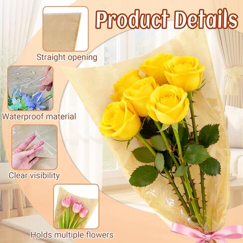 50PCS Flower Bouquet Bags, Bouquet Wrapping Paper Flower Bar Supplies with Ribbon, Brown Floral Sleeves Floral Bags for Teacher Graduation Wedding Birthday Gift (9.8x3.9x17.7 Inches) in Saudi Arabia