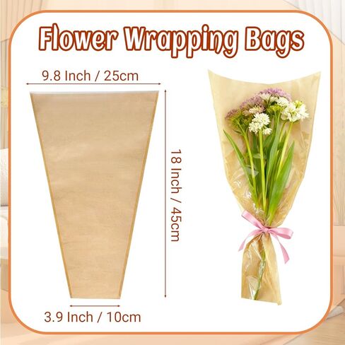 50PCS Flower Bouquet Bags, Bouquet Wrapping Paper Flower Bar Supplies with Ribbon, Brown Floral Sleeves Floral Bags for Teacher Graduation Wedding Birthday Gift (9.8x3.9x17.7 Inches) in Saudi Arabia