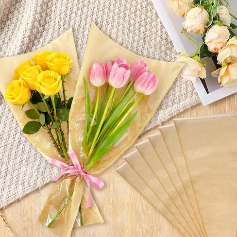 50PCS Flower Bouquet Bags, Bouquet Wrapping Paper Flower Bar Supplies with Ribbon, Brown Floral Sleeves Floral Bags for Teacher Graduation Wedding Birthday Gift (9.8x3.9x17.7 Inches) in Saudi Arabia