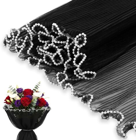 Bouquet Wrapping Paper - Flower Bouquet Wrapping Paper - Flower Wrapping Mesh Paper, Black Pearl Edge Wrinkled Mesh, Korean Bouquet Wrapping Mesh for DIY Floral Decor & Wedding Gift Packaging 4 Yards in Saudi Arabia