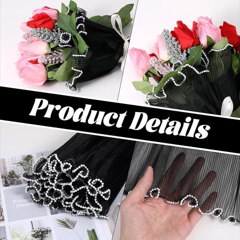 Bouquet Wrapping Paper - Flower Bouquet Wrapping Paper - Flower Wrapping Mesh Paper, Black Pearl Edge Wrinkled Mesh, Korean Bouquet Wrapping Mesh for DIY Floral Decor & Wedding Gift Packaging 4 Yards in Saudi Arabia