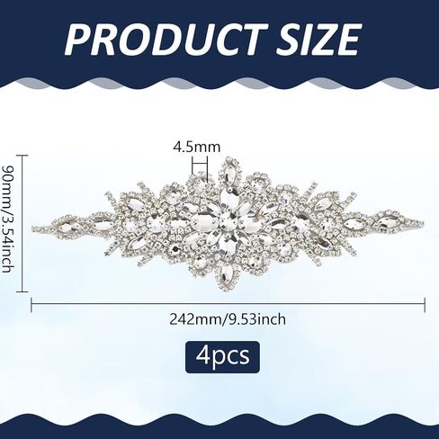 FINGERINSPIRE 4pcs Crystal Rhinestone Applique Patches 9.53x3.54inch Rhombus Glass Rhinestones Appliques Iron on/Sew on Rhinestone Patch for Wedding Bridal Dress Headpiece Belt Clothes Decoration in Saudi Arabia