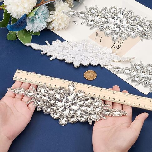 FINGERINSPIRE 4pcs Crystal Rhinestone Applique Patches 9.53x3.54inch Rhombus Glass Rhinestones Appliques Iron on/Sew on Rhinestone Patch for Wedding Bridal Dress Headpiece Belt Clothes Decoration in Saudi Arabia