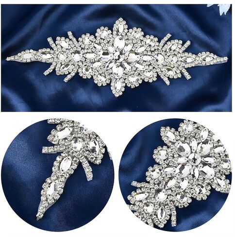 FINGERINSPIRE 4pcs Crystal Rhinestone Applique Patches 9.53x3.54inch Rhombus Glass Rhinestones Appliques Iron on/Sew on Rhinestone Patch for Wedding Bridal Dress Headpiece Belt Clothes Decoration in Saudi Arabia