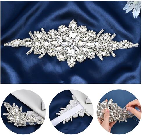 FINGERINSPIRE 4pcs Crystal Rhinestone Applique Patches 9.53x3.54inch Rhombus Glass Rhinestones Appliques Iron on/Sew on Rhinestone Patch for Wedding Bridal Dress Headpiece Belt Clothes Decoration in Saudi Arabia