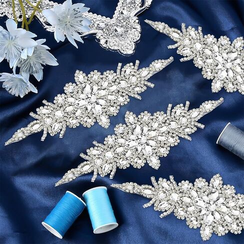 FINGERINSPIRE 4pcs Crystal Rhinestone Applique Patches 9.53x3.54inch Rhombus Glass Rhinestones Appliques Iron on/Sew on Rhinestone Patch for Wedding Bridal Dress Headpiece Belt Clothes Decoration in Saudi Arabia