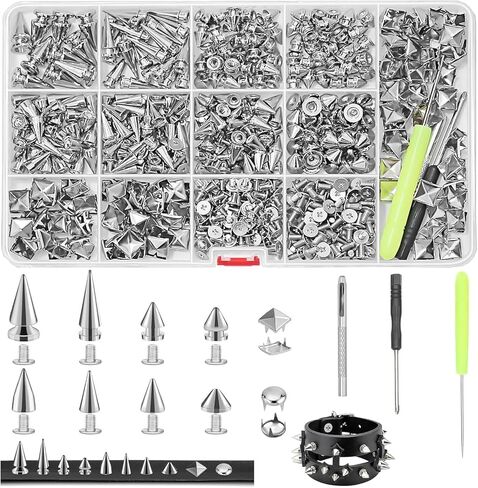 600 PCS Metal Studs and Spikes for Clothing, 8 Size Cone Spikes and Pyramid Studs,Screwback Studs Rivets Punk Accessories Kit for DIY Punk Style Clothes Bags Purse Collar Leather Craft in Saudi Arabia