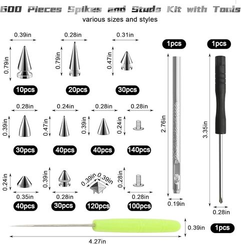 600 PCS Metal Studs and Spikes for Clothing, 8 Size Cone Spikes and Pyramid Studs,Screwback Studs Rivets Punk Accessories Kit for DIY Punk Style Clothes Bags Purse Collar Leather Craft in Saudi Arabia