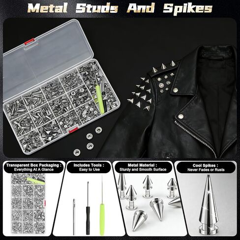 600 PCS Metal Studs and Spikes for Clothing, 8 Size Cone Spikes and Pyramid Studs,Screwback Studs Rivets Punk Accessories Kit for DIY Punk Style Clothes Bags Purse Collar Leather Craft in Saudi Arabia
